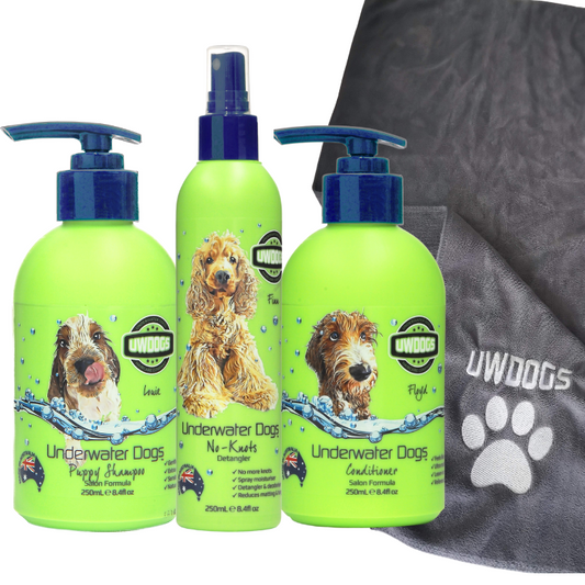 No-Knots Puppy Tri-Pack + Microfibre Towel – Shampoo, Conditioner & Detangler