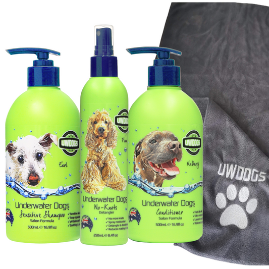 No-Knots Sensitive Tri-Pack + Microfibre Bath Towel – Shampoo, Conditioner & Detangler
