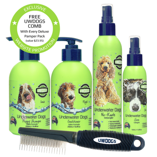 Underwater Dogs Deluxe Pamper Pack – Dog Shampoo, Conditioner, Detangler & Gloss Deodoriser